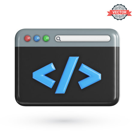 Program code development icon. Web coding or website programming concept. Web browser window or IDE application with a dark theme isolated on a white background. Realistic 3D vector illustrationのイラスト素材