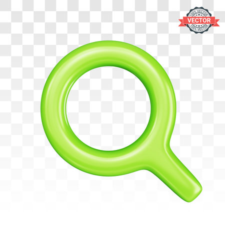 Green loupe or magnifying glass icon. Glossy magnifier icon isolated on transparent background. Realistic 3D vector graphics in plastic cartoon styleのイラスト素材