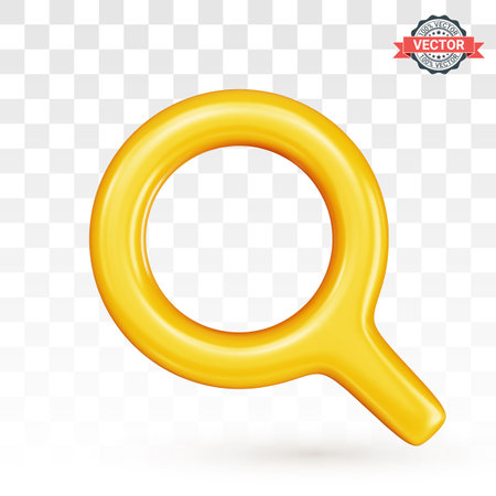 Yellow glossy loupe or magnifying glass icon. Magnifier icon isolated on transparent background. Realistic 3D vector graphics in plastic cartoon styleのイラスト素材
