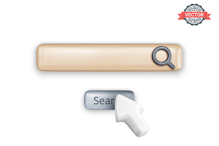 Search bar, mouse pointer and search button on white background. Web search or search engine concept. Realistic 3D vector graphicsのイラスト素材