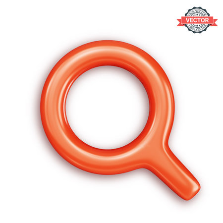 Red glossy loupe or magnifying glass icon. Magnifier icon isolated on white background. Realistic 3D vector graphics in plastic cartoon styleのイラスト素材