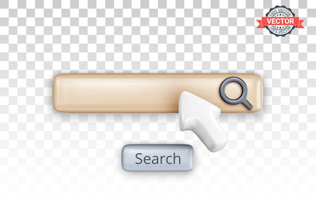 Search bar, mouse pointer and search button on transparent background. Web search or search engine concept. Realistic 3D vector graphicsのイラスト素材