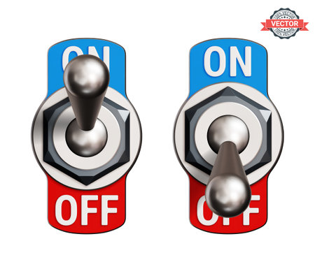 Toggle switches or tumblers turned ON and OFF. Realistic 3D vector illustration isolated on white backgroundのイラスト素材