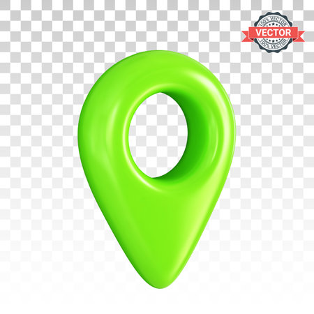 Green map pointer or GPS location icon in three-quarter front view. Realistic 3D vector graphics on transparent backgroundのイラスト素材
