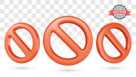 Set of forbidden traffic signs or prohibition icons. Red No signs in three-quarter front view and front view. Realistic 3D vector illustration on transparent backgroundのイラスト素材