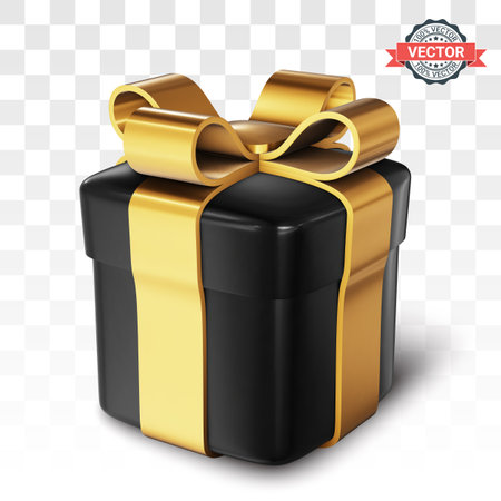 Black gift box or present box with a golden bow casts a shadow on a transparent background. Concept of a gift for birthdays, Christmas, New Year, or Valentine's Day. Realistic 3D vector illustrationのイラスト素材