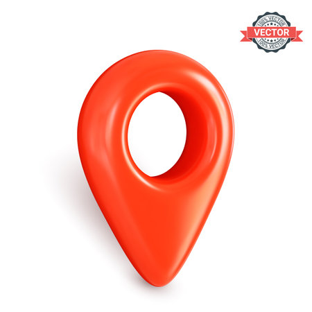 Red map pointer or GPS location icon in three-quarter front view. Realistic 3D vector graphics on white background with shadowのイラスト素材