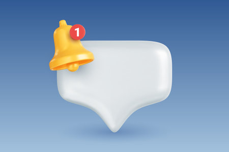 Speech bubble and yellow bell with notification counter. Notification icon. Social media or instant messenger reminder concept. Realistic 3D vector illustrationのイラスト素材