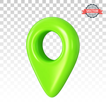 Green GPS location icon or map pointer in three-quarter front view. Realistic 3D vector graphics on transparent backgroundのイラスト素材
