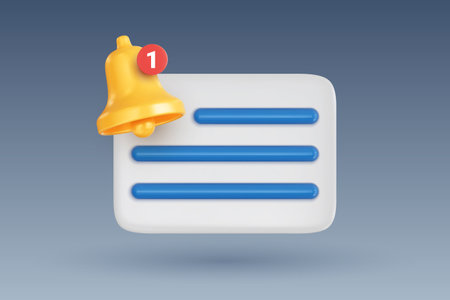 Notification icon with yellow bell with notification counter and speech bubble. Social media or instant messenger reminder concept. Realistic 3D vector illustrationのイラスト素材
