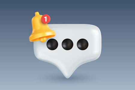 Yellow bell with notification counter and speech bubble. Notification icon. Social media or instant messenger reminder concept. Realistic 3D vector graphicsのイラスト素材