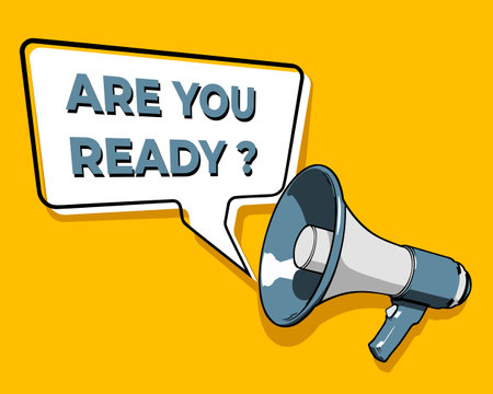 Loudspeaker or megaphone with speech bubble announces YOU ARE READY. Social media marketing concept. Announcement for marketing. Vector illustration on yellow backgroundのイラスト素材