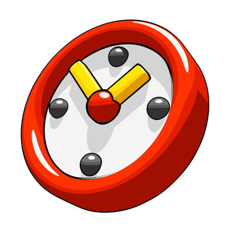 Simple analog clock icon in comic cartoon style, three-quarter view. Vector illustration isolated on a white backgroundのイラスト素材
