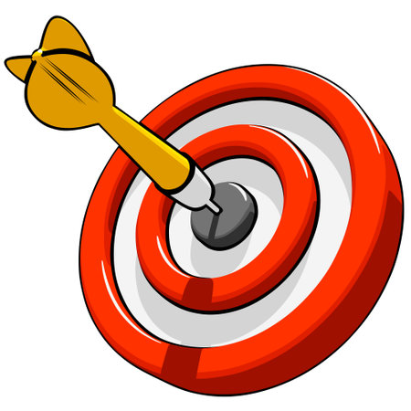 Yellow dart hit the center of the target, three-quarter view. Concept of business goal, successful business strategy or marketing. Simple 3D vector illustration on white backgroundのイラスト素材
