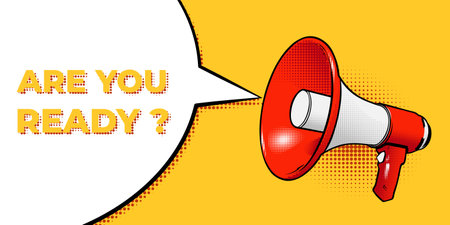 Red megaphone or loudspeaker announces ARE YOU READY in a speech bubble. Social media marketing concept. Announcement for marketing. Vector illustration in comic cartoon style on yellow backgroundのイラスト素材