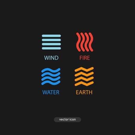 Four elements icons isolated on a gray background. Wind, fire, water, earth. Four simple characters in a flat style. Vector illustration.のイラスト素材
