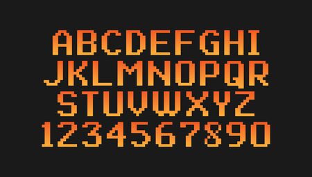 Pixel vintage font isolated on black background. Yellow-orange gradient. Vector illustration.のイラスト素材