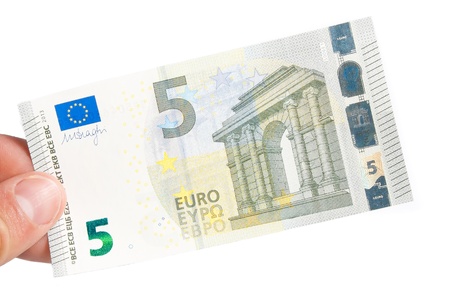 male hand holding euro money banknote on white background