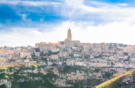 panoramic view of stones of Matera under blue sky. Basilicata, Italyの写真素材
