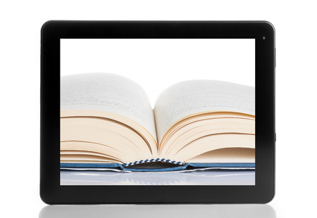 book and tablet pc isolated on white background, digital library conceptの写真素材