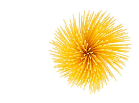 top of view of raw pasta spaghetti isolated on white background with space for text, typical italian cuisineの写真素材