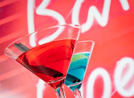 blue and red cocktail drink with space for text, disco atmosphereの写真素材