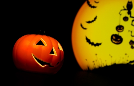 Halloween night background with scary moon and bat and pumpkin, halloween party conceptの写真素材