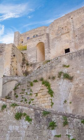 historic building in Matera in Italy UNESCO European Capital of Culture 2019, details of old wall and stairsの写真素材