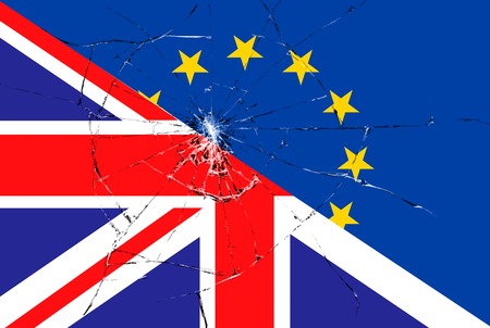 brexit blue european union EU flag on broken glass effect and half great britain flag, vote for referendum united kingdom exit conceptの写真素材