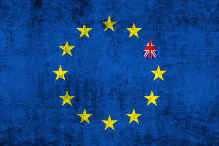 brexit blue european union EU flag on grunge texture with drop and great britain flag inside, vote for referendum united kingdom exit conceptの写真素材
