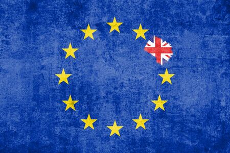 brexit blue european union EU flag on grunge texture with eraser effect and great britain flag inside, vote for referendum united kingdom exit conceptの写真素材