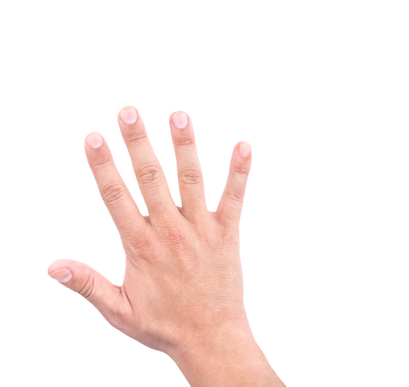 hand of a man showing five count on white backgroundの写真素材