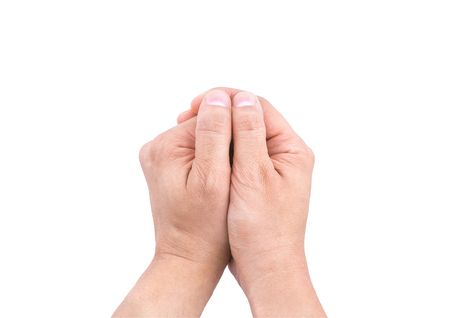 hands of a man joined to make a punch on white background, union conceptの写真素材