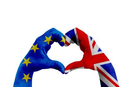 brexit, hands of man in heart shape patterned with the flag of blue european union EU and flag of great britain uk on the white background, vote referendum for united kingdom exit conceptの写真素材