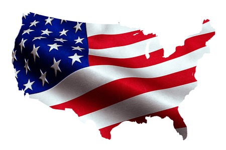 map of American USA with waving flag in background, united states of america, stars and stripesの写真素材