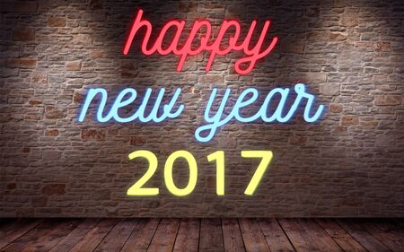 happy new year 2017, flickering blinking neon sign on brick wall and wood background, holiday conceptの写真素材