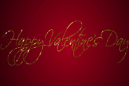 golden sparkle glitter happy valentine day word shape on red gradient background, holiday festive valentine day love conceptの写真素材