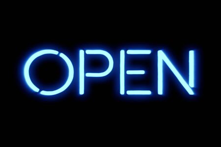 flickering blinking blue neon sign on black background, open shop bar sign concept