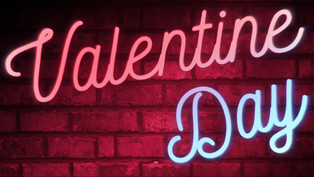 flickering blinking red and blue neon sign on red love brick wall background valentine day holiday event festive sign conceptの写真素材