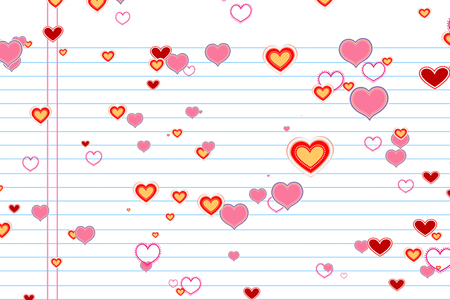 valentine day colorful draw hearts shape on white paper school with rows background, holiday festive valentine day love, holiday festive valentine day love conceptの写真素材