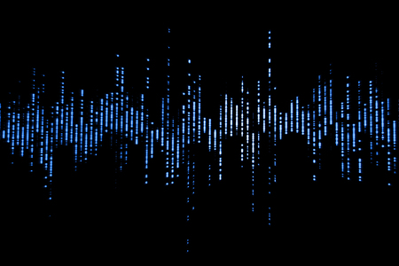 blue digital equalizer audio sound waves on black background, stereo sound effect signal with vertical linesの写真素材