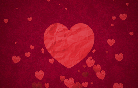 red bokeh hearts shape of crumpled paper flowing with big heart in center on red background with particles sparkle glitter, valentine day love holiday event festive の写真素材