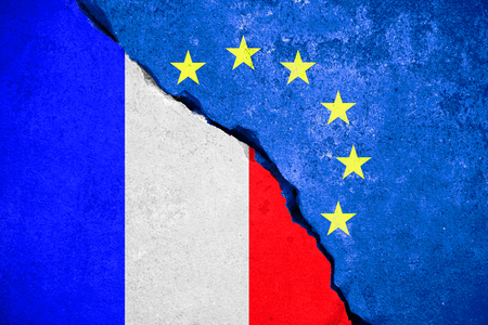 frexit blue european union EU flag on broken wall and half france flag, vote for france exit from europe conceptの写真素材