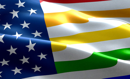 closeup of american USA flag background, stars and stripes with colorful of gay pride rainbow flag, united states of america and civil right flag,no racism, peace and love no war, conceptの写真素材