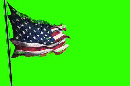 ripped tear grunge old closeup of american USA flag, stars and stripes, united states of america on chroma key green screen backgroundの写真素材