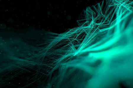 abstract stream wave array colorful glitter sparkle green lines with particles  on black background science and research technology conceptの写真素材
