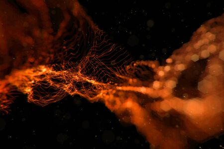 abstract stream array colorful glitter sparkle yellow, orange lines with particles  on black background science and research conceptの写真素材