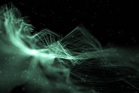 abstract stream array colorful glitter sparkle green lines with particles on black background science and research technology conceptの写真素材