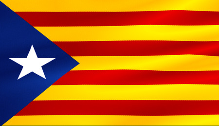 flag of catalonia yellow and red strip with star waving texture fabric background, national catalan symbol vote for separatism independence from spain conceptの写真素材
