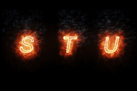 burning font s, t, u, fire word text with flame and smoke on black, concept of fire heat alphabet...